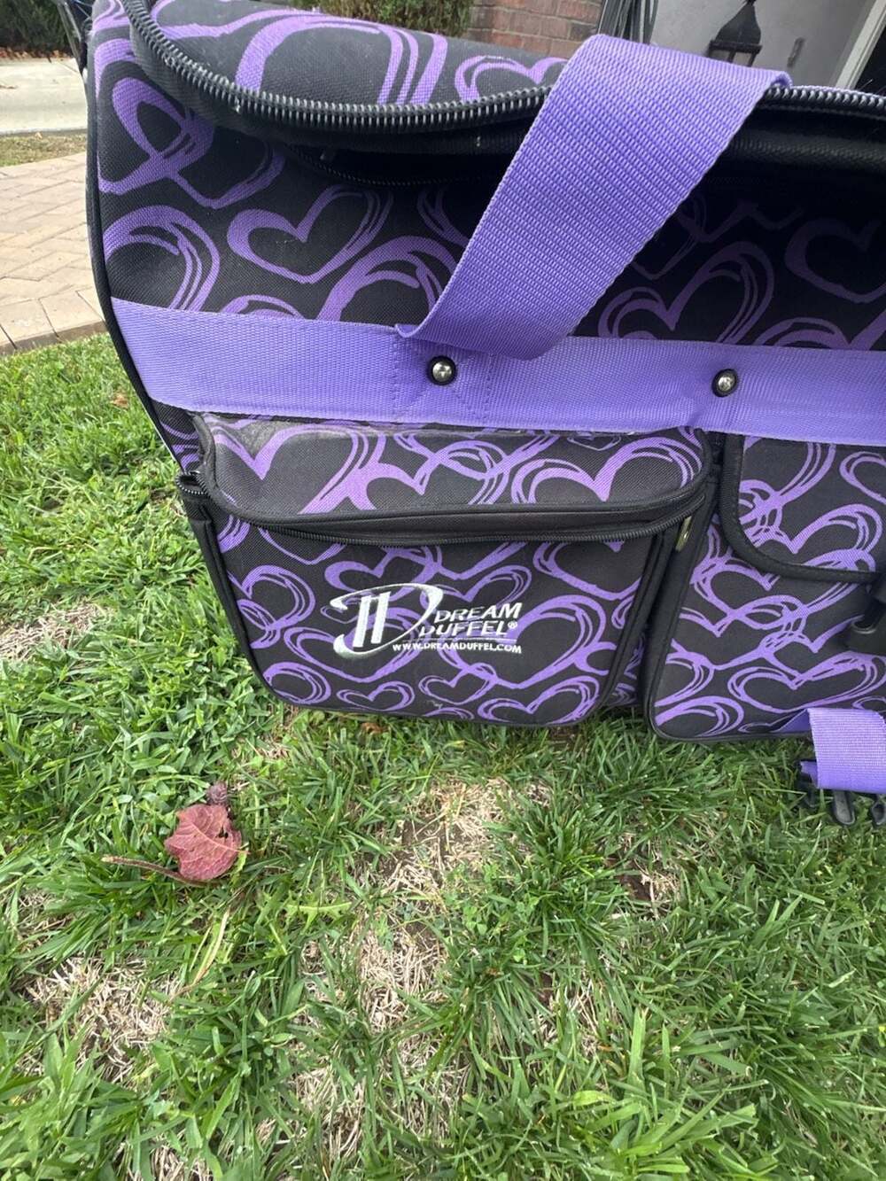Dream Duffel Rolling Dance Bag Purple Black Heart Print with Garment Rack